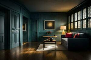 a dark room with a couch, coffee table and window. AI-Generated photo