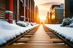 a long wooden track in the snow. AI-Generated photo