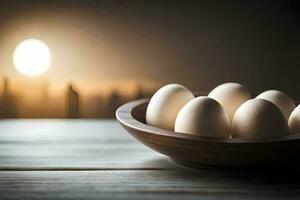 eggs in a bowl on a table. AI-Generated photo