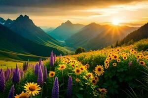 the sun rises over the mountains and flowers in the foreground. AI-Generated photo