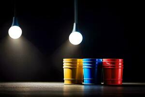 three colorful cups sit on a table with a light shining on them. AI-Generated photo