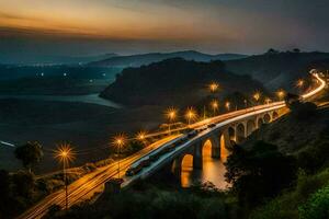 a bridge over a river at night with lights on. AI-Generated photo