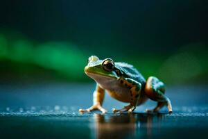 a frog is standing on the ground with a green background. AI-Generated photo