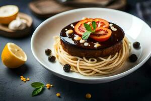espaguetis con tomate salsa y albahaca en un lámina. generado por ai foto