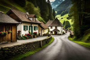 a road in the mountains with houses on either side. AI-Generated photo