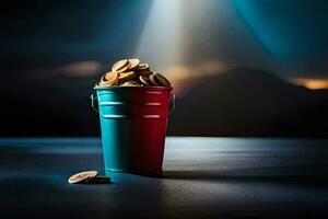 a bucket filled with coins on a table. AI-Generated photo
