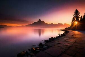 a beautiful sunrise over a lake and mountains. AI-Generated photo