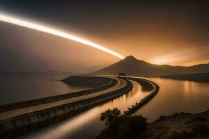 un largo exposición fotografía de un largo puente terminado agua. generado por ai foto