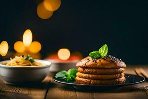 a plate of food with noodles and spices on a wooden table. AI-Generated photo