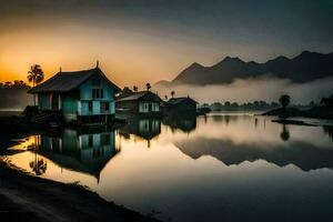 a house on the water at sunrise. AI-Generated photo