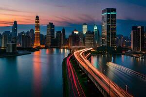 el ciudad horizonte a oscuridad con un río y tráfico. generado por ai foto