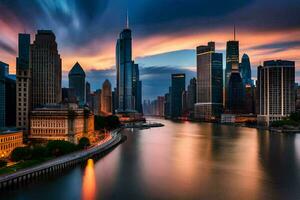 el chicago horizonte a puesta de sol. generado por ai foto