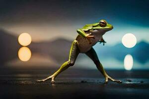 a frog is standing on its hind legs in front of a blurry background. AI-Generated photo