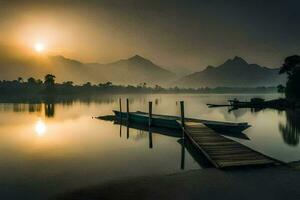 a boat sits on the dock at sunrise in the mountains. AI-Generated photo