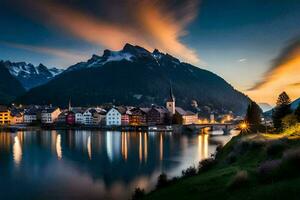 photo wallpaper the sky, mountains, lake, town, river, mountains, lake, town,. AI-Generated