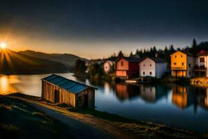 foto fondo de pantalla el cielo, agua, lago, casas, atardecer, el sol, el cielo,. generado por ai