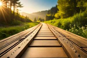 a wooden bridge in the middle of a field. AI-Generated photo