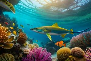 a fish swims over a coral reef with colorful fish. AI-Generated photo