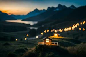 a small house sits on top of a hill with lights shining on it. AI-Generated photo