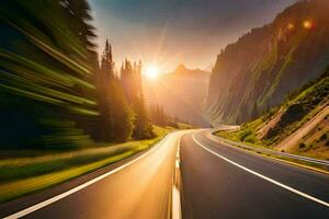 a road with the sun setting in the background. AI-Generated photo