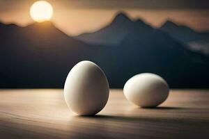 two eggs on a table with mountains in the background. AI-Generated photo