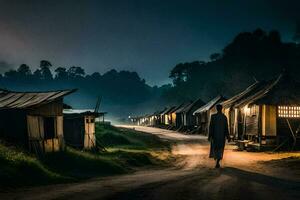 a man walks down a dirt road at night with a few huts. AI-Generated photo
