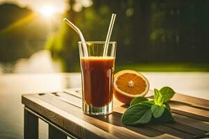 un vaso de naranja jugo en un de madera mesa. generado por ai foto