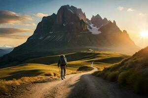 a man walks on a road in the mountains. AI-Generated photo