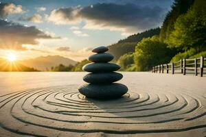 a stack of rocks on the beach at sunset. AI-Generated photo