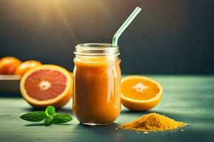 un vaso tarro con naranja jugo y Fresco fruta. generado por ai foto