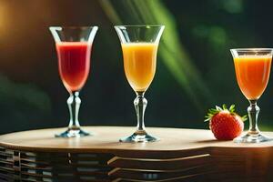 three glasses of orange juice and strawberries. AI-Generated photo