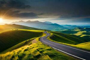 el la carretera a el puesta de sol. generado por ai foto