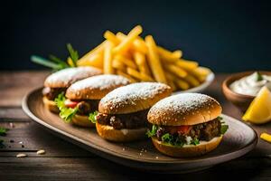 pequeño hamburguesas en un de madera bandeja con papas fritas generado por ai foto