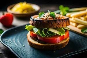 a hamburger with lettuce, tomato and cheese on a black plate. AI-Generated photo