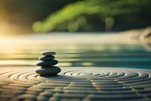 zen stones stacked on a circular stone surface. AI-Generated photo