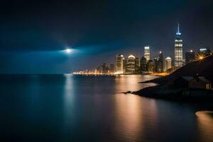 the moon rises over the chicago skyline at night. AI-Generated photo