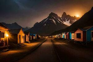 a road leading to a village at night with mountains in the background. AI-Generated photo