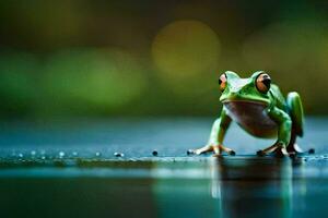 a frog sitting on a wet surface with a green background. AI-Generated photo