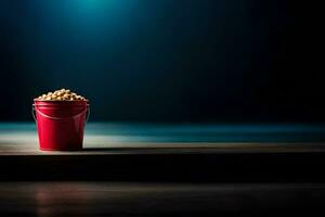 a red bucket filled with peanuts on a wooden table. AI-Generated photo