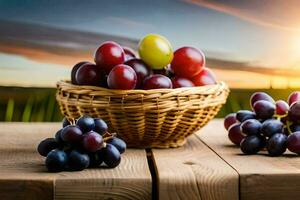 grapes in a basket on a wooden table. AI-Generated photo