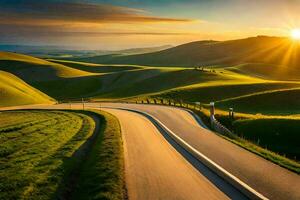 the sun rises over a winding road in the hills. AI-Generated photo