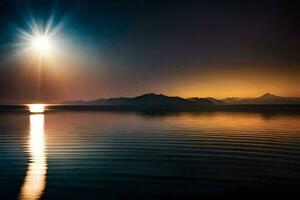 el Dom es brillante terminado un lago y montañas. generado por ai foto