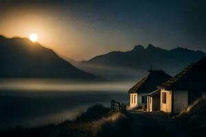 a house in the fog with a mountain in the background. AI-Generated photo