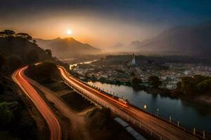 a long exposure photograph of a road and river in the mountains. AI-Generated photo