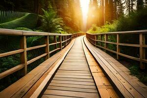 a wooden bridge in the forest with the sun shining. AI-Generated photo