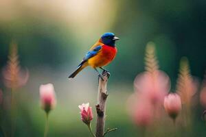 a colorful bird is perched on a branch in front of pink flowers. AI-Generated photo