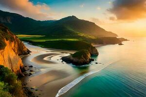 el playa y el acantilados a puesta de sol. generado por ai foto