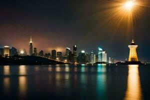 the city skyline is lit up at night with a bright light shining on it. AI-Generated photo