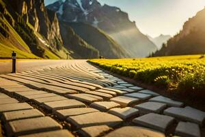 a road with cobblestones in the middle of a field. AI-Generated photo