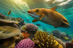 a fish swimming over a coral reef with colorful corals. AI-Generated photo
